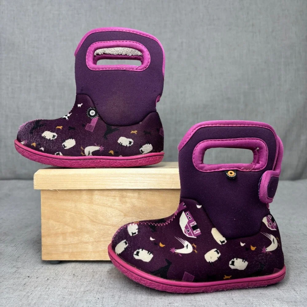 Bogs Baby Boots Purple Pink Farm Animal Print Waterproof‎ Insulated Kids Size 7